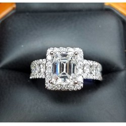 $55,000 3.05Ct Emerald Cut Diamond & Round Diamond Wedding Ring 14kwg Gia G Vs1