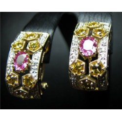 ESTATE GORGEOUS 2.31CT PINK & YELLOW SAPPHIRE & DIAMOND OMEGA CLIP EARRINGS $1NR