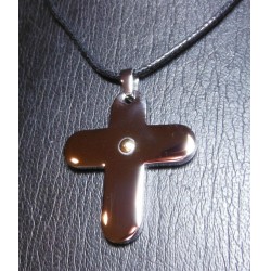 CROSS PENDANT STAINLESS & 18K WITH BLACK CORD $1NR