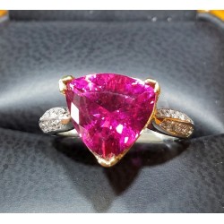 5.77Ct Hot Pink Tourmaline Trillion and Diamond Ring 14k White & Yellow Gold