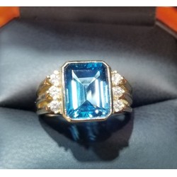 3.30Ct Swiss Blue Topaz Emerald Cut & Diamond Ring 14k Yellow Gold