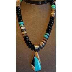 3" Inlaid Turquoise & Black Onyx Pendant Slider Sterling Silver & Chunky Turquoise & Stone Necklace