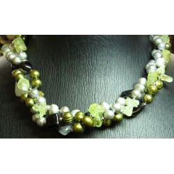 THICK WOVEN CHARTREUSE & GREY 18" FRESHWATER PEARL & QUARTZ NECKLACE $1NR