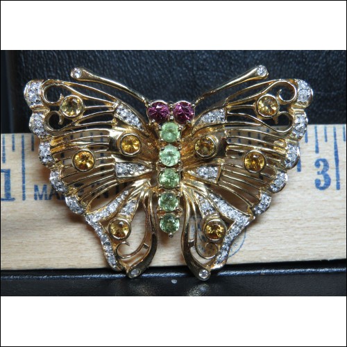ESTATE BIG 2.00CT COLORED STONE & DIAMOND BUTTERFLY PIN 14K $1NR