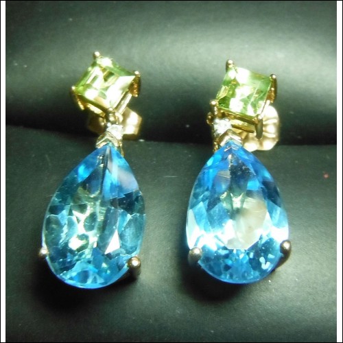 9.04CT BLUE TOPAZ DIAMOND & PERIDOT EARRINGS 14K $1NR