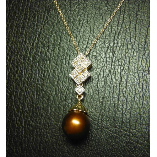 8MM CHOCOLATE FRESHWATER PEARL & DIAMOND NECKLACE 14K $1NR