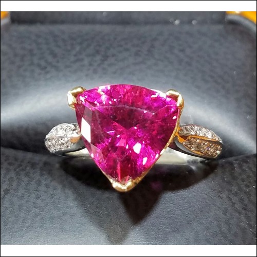 5.77Ct Hot Pink Tourmaline Trillion and Diamond Ring 14k White & Yellow Gold