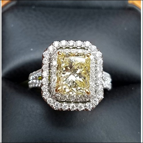 $48,550 3.45Ct Fancy Intense Canary Yellow Princess & White Diamond Ring Certified
