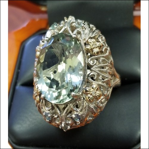 $75 Pre Black Friday Deal 12.04Ct Green Amethyst & Diamond Ring Sterling & 14k Gold