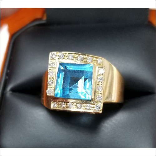 Priced to Move $444 3.40Ct Step Cut Blue Topaz & Diamond Ring 14k