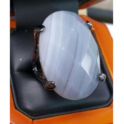 35Ct Silvery Gray Agate Faceted Oval set in Blackened Sterling Silver Ring