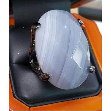 35Ct Silvery Gray Agate Faceted Oval set in Blackened Sterling Silver Ring
