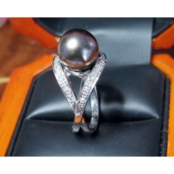$2,500 10mm Tahitian Pearl & Diamond Ring 14k White Gold $1Nr