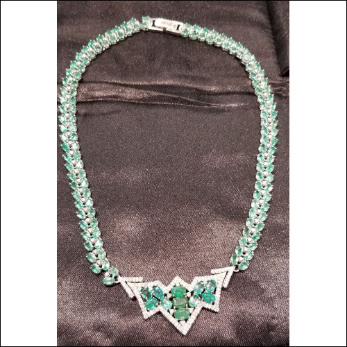 $2,888 Estate 37.58Ct Emerald & Diamond Necklace 14k White Gold