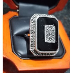 $200 Estate Large Black Onyx & Marcasite Rectangular Ring Sterling $1Nr