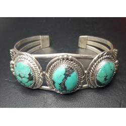 Estate Signed R.Tom Navajo Tribe Artist 3 Turquoise Bracelet Sterling $1Nr