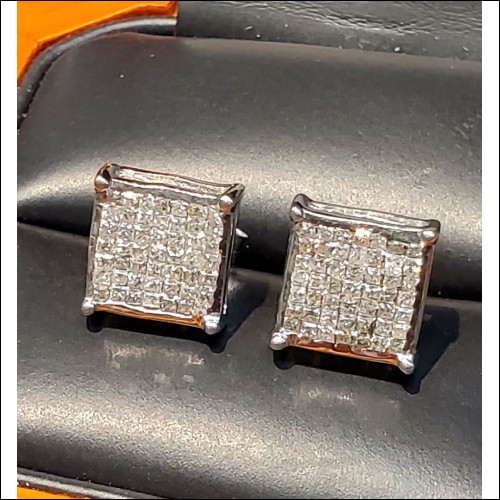 $350-$450 Estate 1.00Ct Princess Cut Diamond Earrings 14k White Gold $1Nr