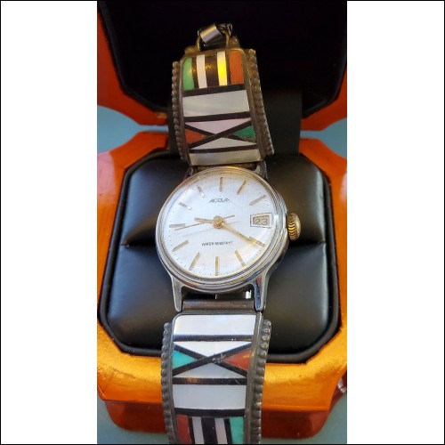 Estate Acqua Watch with Zuni Mosaic Watch Band Silver $1Nr