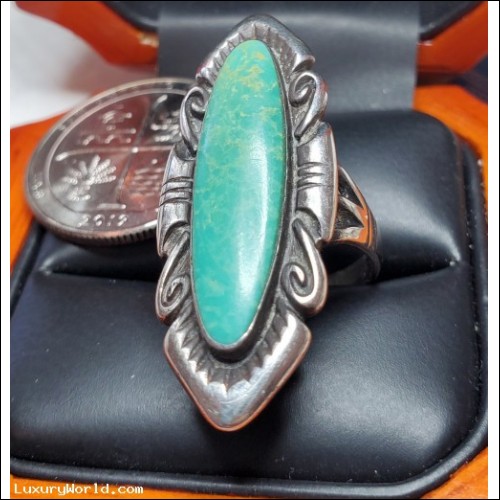$29 Estate Long Turquoise Ring Sterling Silver