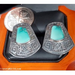 $29 Estate Boma Blue Stone Greek Key Design Earrings 925