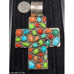 $500-$1,000 Estate Turquoise & Multi Color Stone Cross Pendant Sterling by Key Cook & Rocki Gorman
