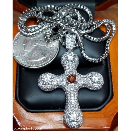 $100,000-$150,000 Exceptionally Rare Gia Certified Natural Cherry Reddish Diamond with 4 D Flawless Diamonds set in Cross Pendant 3.99ctw GOD is LOVE
