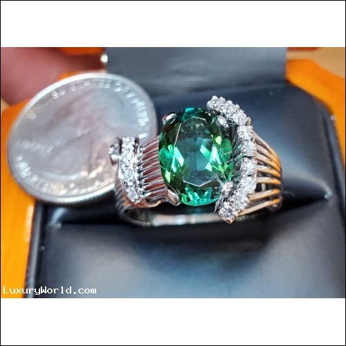 $500-$1,000 Estate 3.85Ct Green Tourmaline & Diamond Ring Platinum $1Nr