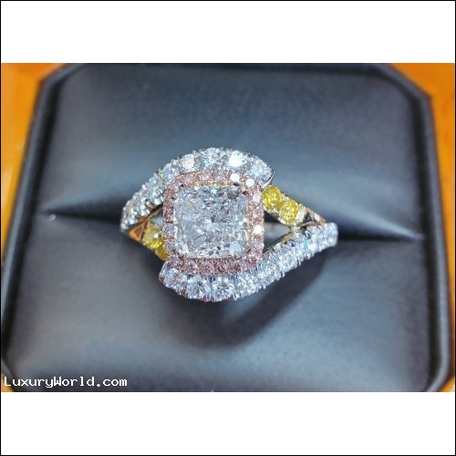 Sold Cushion Diamond with Pink & Yellow Diamonds set in Platinum by Jelladian