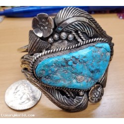 $200-$300 Estate Turquoise Cuff Bracelet Silver signed J Nezzie Without Reserve