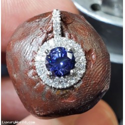 Sold, Reorder with Tanzanite for $2,843 Manufacturer Direct Diamond Halo Gia certified California State Gemstone Benitoite Platinum Pendant by Jelladian ©