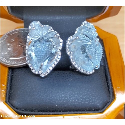 Sold 32.45Ctw Aquamarine Carvings & Diamond Earrings Platinum by Jelladian ©
