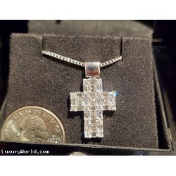 Sold reorder for $4,000 2.22Ct Asscher Cut, Baguette & Round Diamond Cross Pendant & Chain 18k White Gold Appraisal $8,100