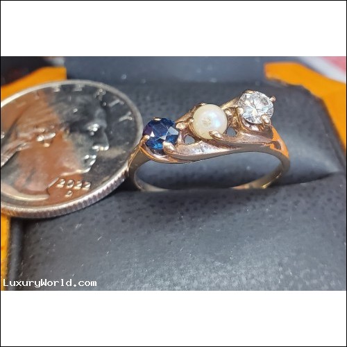 Defaulted Pawn Loan or Buy Diamond, Pearl & Sapphire Ring 14k Gold $1 No Reserve Auction