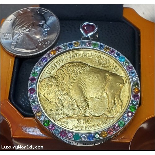 Sold. Reorder for $9,999 "The Jewel of America" Pure 24kt Gold 1oz Buffalo Coin & 50 Gems Rainbow Bezel for 50 States Platinum by Jelladian 2023©