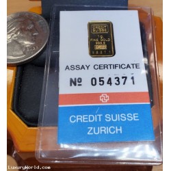 $100 1 Gram 999.9 Fine Gold 24kt Credit Suisse with Certificate $1 No Reserve Auction